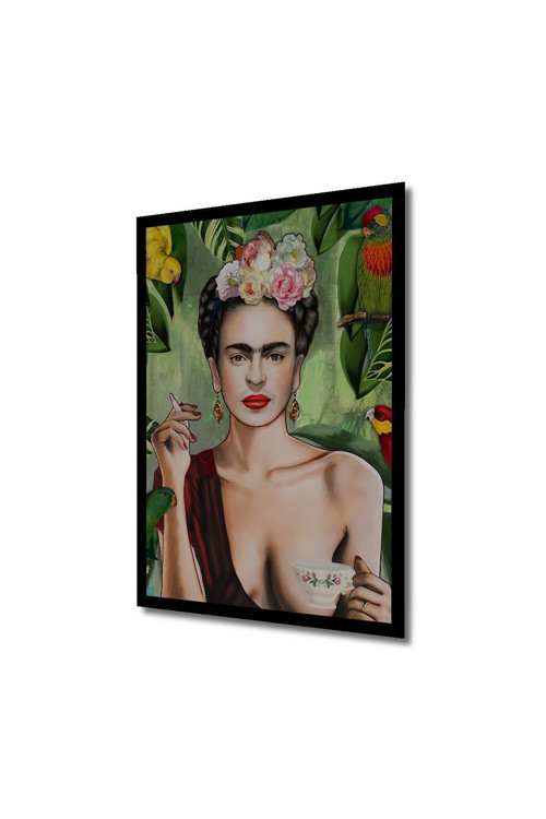 Dekoratif Ahşap Kare Frida Kahlo Yeşillikçili Çiçekler Tablosu Ev/Ofis/İşyeri Tablo