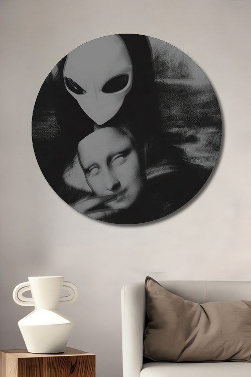 Dekoratif Ahşap Yuvarlak Mona Lisa Uzaylı Tablosu Ev/Ofis/İşyeri/Salon/Mutfak/Banyo Tablo