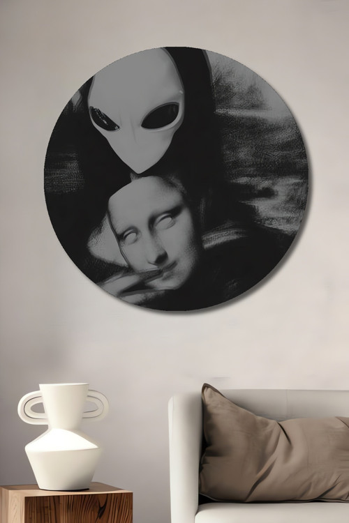 Dekoratif Ahşap Yuvarlak Mona Lisa Uzaylı Tablosu Ev/Ofis/İşyeri/Salon/Mutfak/Banyo Tablo