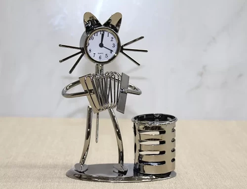 Metal Akordiyon Çalan Kedi Müzisyen Saat Ve Kalemlik Alk4344