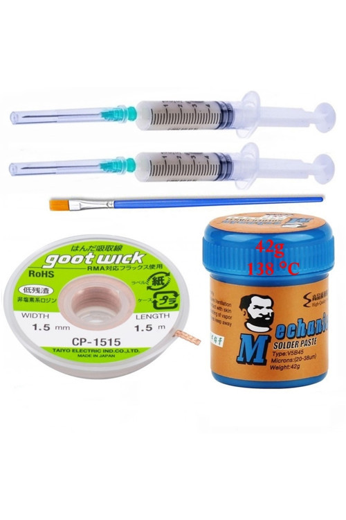 Paste Mechnic 138 Derece Krem Lehim 42G Sıvı Lehim Ve Flux Lehim Toplama Fırça Seti 1,5Mm 5İn1