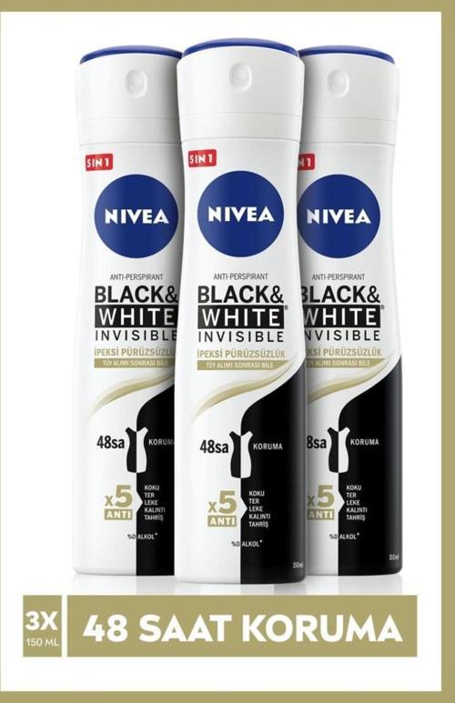 Kadın Sprey Deodorant Black & White Invisible I?Peksi Pürüzsüzlük,48Saat Koruma 150Mlx3