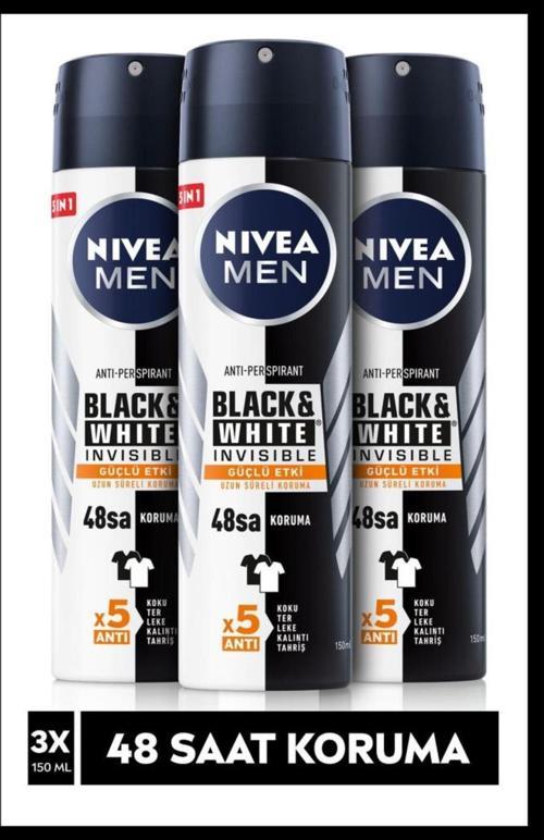 Men Black & Whıte Invısıble Güçlü Etki Erkek Sprey Deodorant 150 ml X3