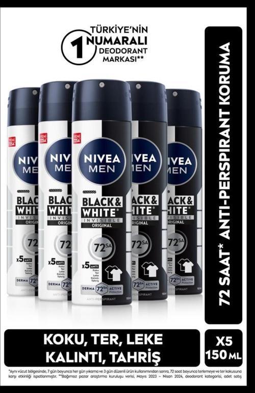 Men Erkeak Sprey Deodorant Black & White Invisible Original 150ml, 72 Saat Anti-perspirant, X5 Adet