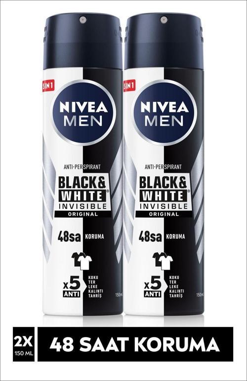 Erkek Sprey Deodorant Black & White Invisible Original 150Mlx2Adet Anti-Perspirant, 48 Saat Koruma