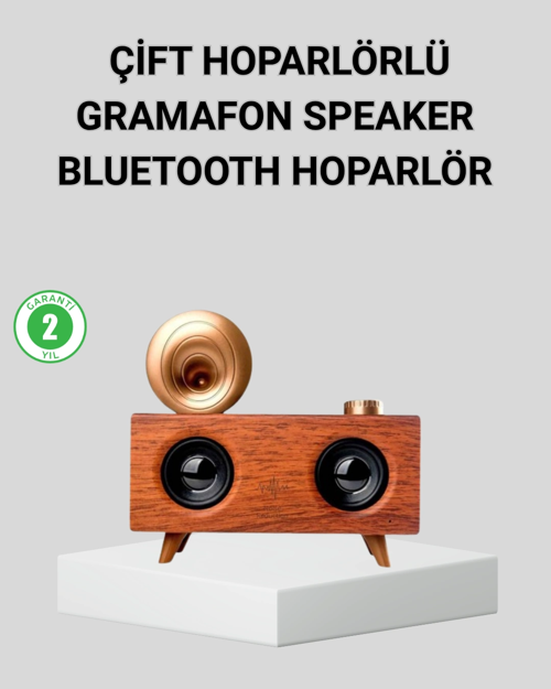 Retro Gramafon Bluetooth Hoparlör Çift Stereo Sesli FM Radyo Destekli