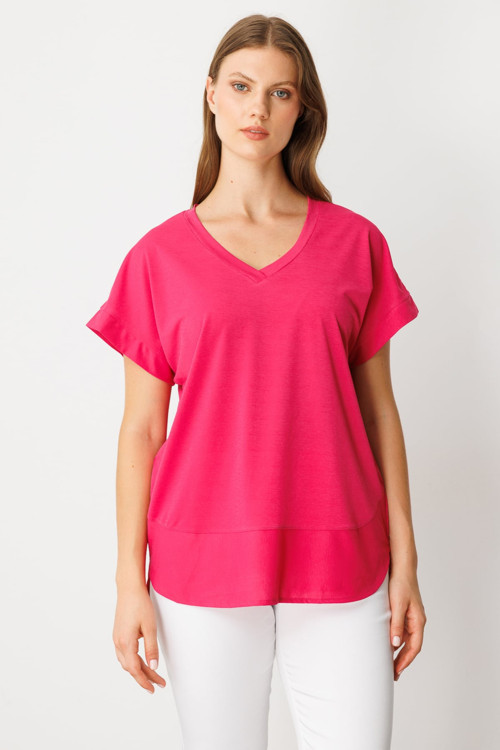 Kadın Büyük Beden V Yaka Parçalı T-Shirt 71476 Fuşya