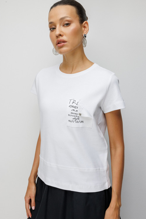 Kadın Yazı Detaylı Sıfır Yaka Pamuklu T-Shirt 71464 Beyaz
