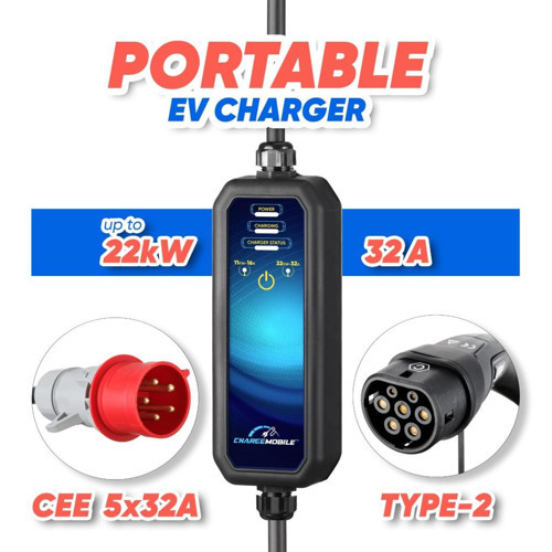 ChargeMobile 22 kW Taşınabilir Şarj Cihazı, (220V Dönüştürücü Hediyeli) Araç Şarj İstasyonu Seti