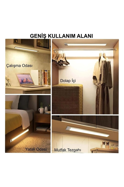 gece Lambası Ledli 3 Renk Kısılabilir Usb Şarjlı Sensörlü Alüminyum 40Cm Mutfak Dolap Tezgahı