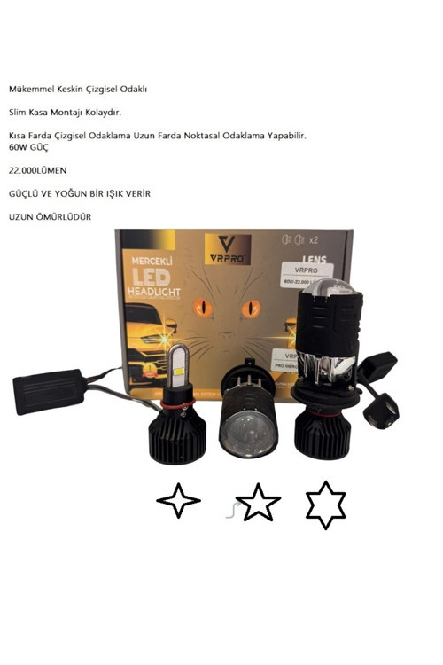 h4 Mercekli Led Zenon Şimşek Etkili Pro 60Wgüç -22.000 Lümen Uzun Ömürlü Çizgisel Odak