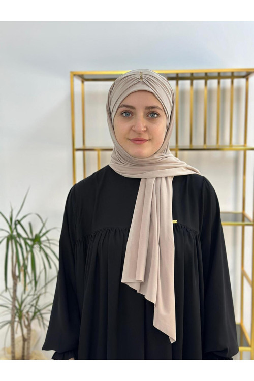 Abiye Taşlı Baglamalı Hazır Şal Bej Renk