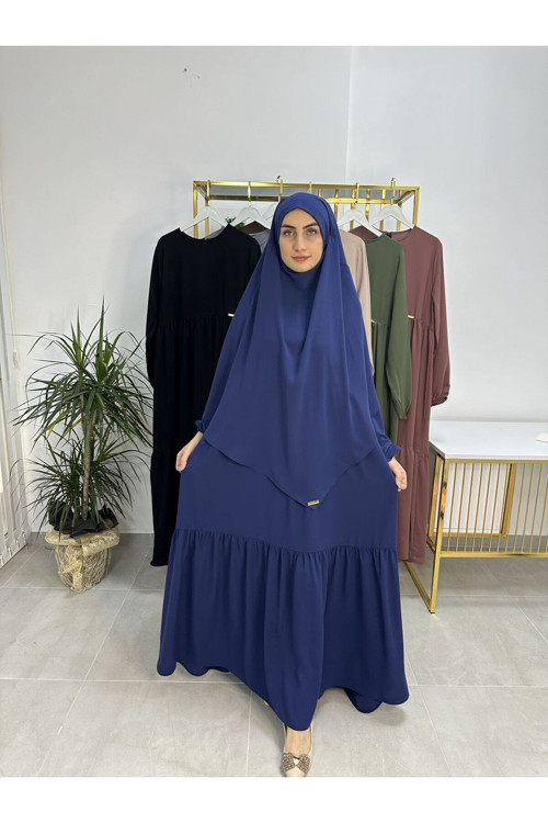 Ferace & Abaya Sufle Eşarp Ve İki Kat Büzgülü Elbise Takım.Hijab .Hac Ve Umre Için Uygundur İndigo