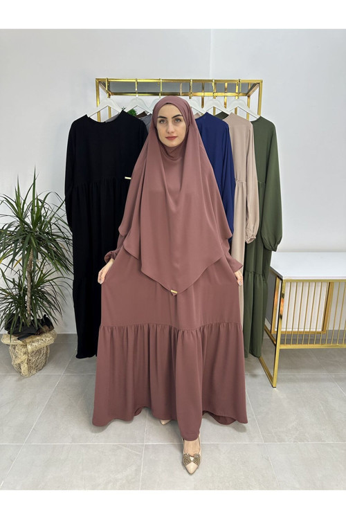 Ferace & Abaya Sufle Eşarp Ve İki Kat Büzgülü Elbise Takım.Hijab .Hac Ve Umre Için Uygundur Gül