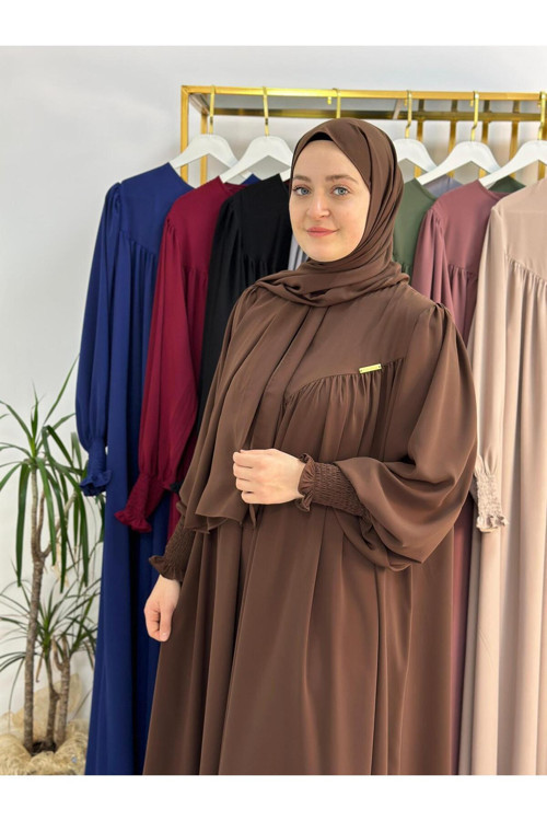 Şallı Takım,Tesettür Önü V Model Büzgülü Elbise,Abaya Hijab,Ferrace Hac Ve Umre Icınde Uygun Kahve