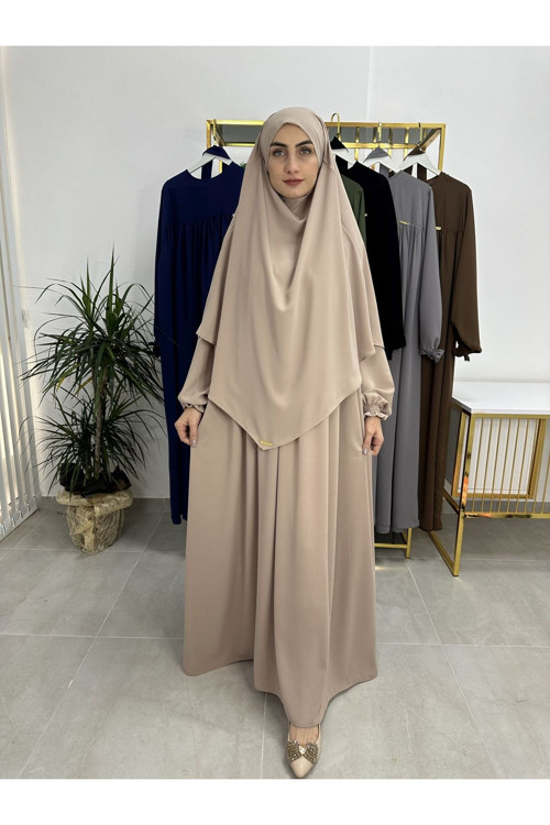 Ferace & Abaya Sufle Esarp Ve Üsten Robalı Kemerli Elbise Takım .Hac Ve Umre Için Uygundur Bej