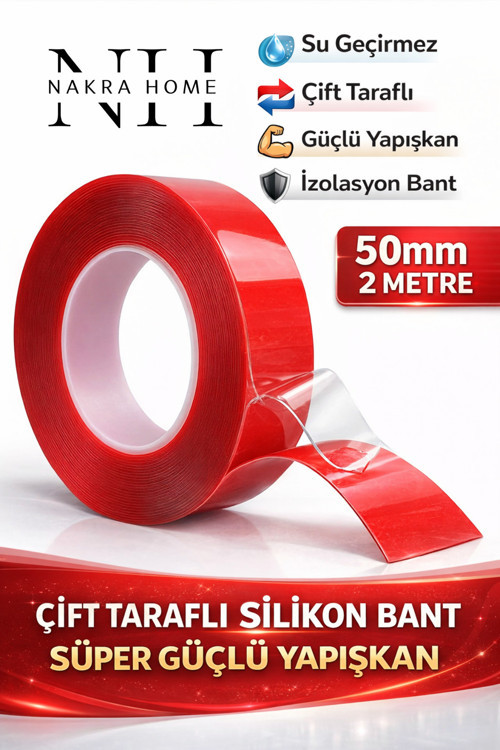 Çift Taraflı Silikon Bant İz Bırakmaz Şeffaf Bant Süper Güçlü Duvar Çerçeve Taşıyıcı (50 mm x 2 M)