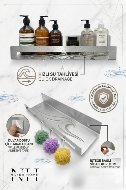 Paslanmaz Çelik Çok Amaçlı Banyo ve Mutfak Rafı – 4 Askılı, Yapışkanlı & Vidalı Kurulum