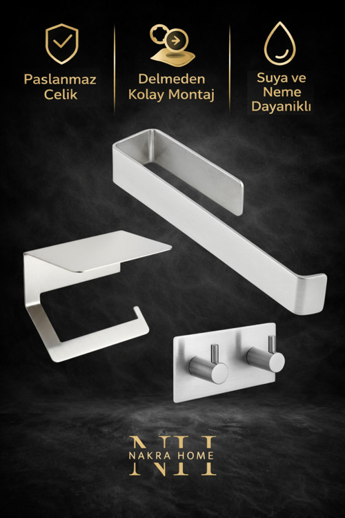 3'lü Set ( Paslanmaz Çelik Yapışkanlı Havlu Askısı , Tuvalet Kağıtlığı ve 2'li Askılık ) Havluluk