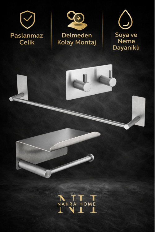 3'lü Set Paslanmaz Çelik Yapışkanlı Havlu Askısı ve Tuvalet Kağıtlığı | Neme Dayanıklı Havluluk