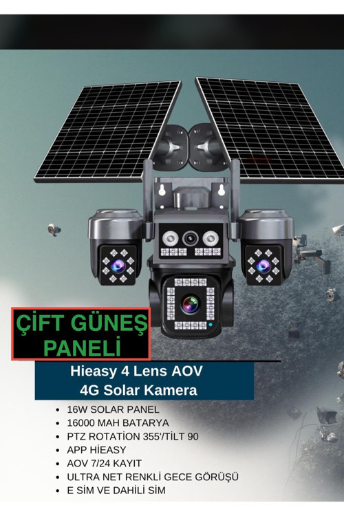 Hieasy 4 Lens AOV 4G Solar Kamera | Çift Güneş Panelli Renkli Gece Görüşlü Güvenlik Kamerası