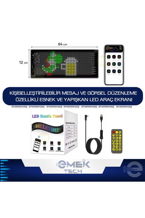 Kişiselleştirilebilir Mesaj Ve Görsel Düzenleme Özellikli Esnek Ve Yapışkan Led Araç Ekranı 60*12cm