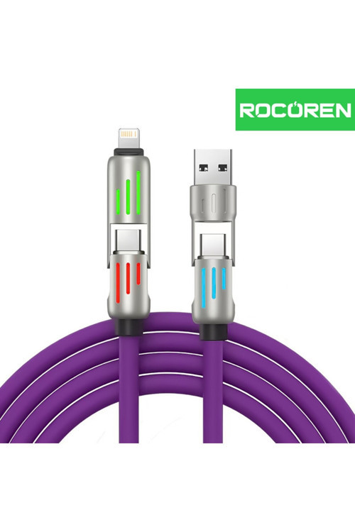 240W 4'ü 1 Arada Type-C / USB-A / Lightning Mor Silikon Şarj ve Data Kablosu 1.2 Metre