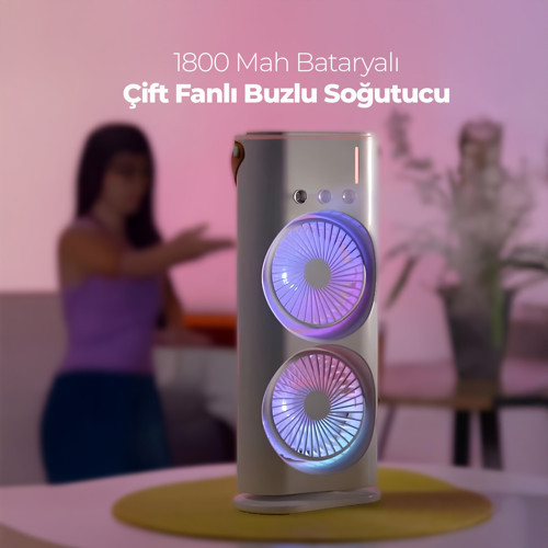 Şarjlı Su Püskürtmeli Buzlu Taşınabilir Fan Soğutucu Çift Fanlı MINI FAN
