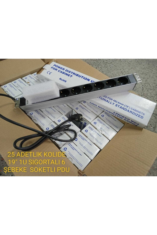 19" 1u 6'lı Schuko Sigortalı Aluminyum Rack Kabin Grup Priz Pdu(25 Adet)