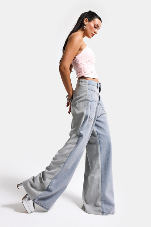 Kadın Gri Kot 2s6-89 Mega Baggy Çift Parça Önden Cepli Tasarım Denim Jean