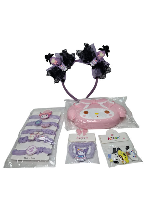 Kız Çocuk Kuromi Model Mini Çanta Cüzdan Lastik Toka Taç Toka Ve Pens Toka 5 li Set