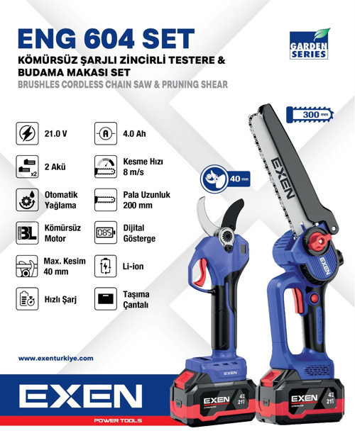 ENG 604 Set 21 V 2x4 Ah Çift Akü Kömürsüz Şarjlı Testere ve Makas Seti