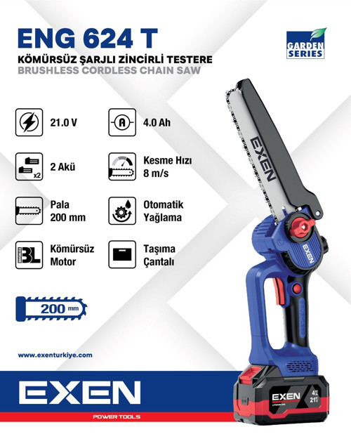 ENG 624 T 21V 2X4 Ah Çift Akü 200 mm Kömürsüz Şarjlı Zincirli Testere