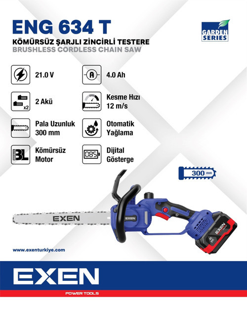 ENG 634 T 21V 2x4 Ah Çift Akü 300 mm Kömürsüz Şarjlı Zincirli Testere