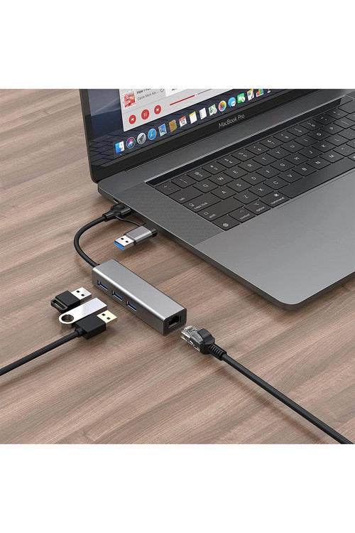 Multi Girişli USB ve Type-C Hub Adaptör to 3x USB 3.0 + RJ45 Ethernet