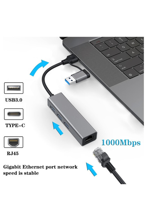 Usb Ve Type-c Hub Adaptör To 3x Usb 3.0 Rj45 Gigabit Ethernet 1000 Mbps Çevirici Dönüştürücü Combo