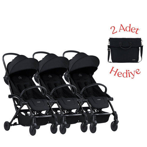 Connect³ Üçüz Bebek Arabası Black - Black & Yan Bakım Çantası Hediyeli
