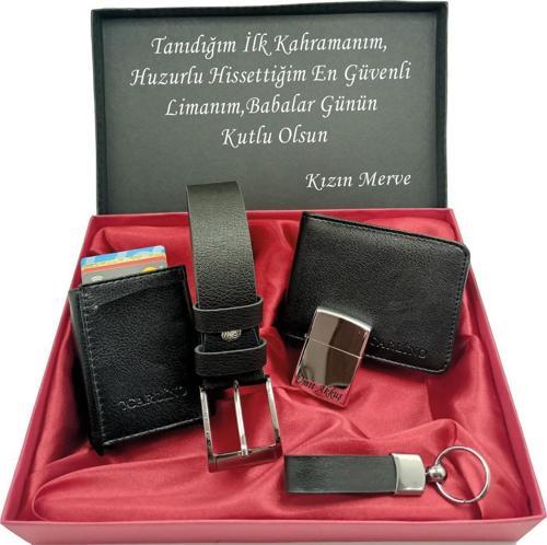 BABALAR GÜNÜNE KİŞİYE ÖZEL SET kemer, cüzdan, mekanizmalı kartlık, anahtarlık çakmak kutulu set