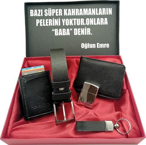 BABALAR GÜNÜNE KİŞİYE ÖZEL SET kemer, cüzdan, mekanizmalı kartlık, anahtarlık çakmak kutulu set