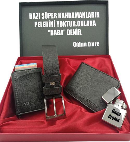 BABALAR GÜNÜNE KİŞİYE ÖZEL SET kemer, cüzdan, mekanizmalı kartlık, çakmak kutulu set