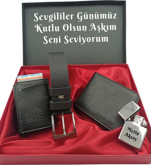 SEVGİLİLER GÜNÜNE KİŞİYE ÖZEL SET kemer, cüzdan,mekanizmalı kartlık,çakmak özel kutulu set