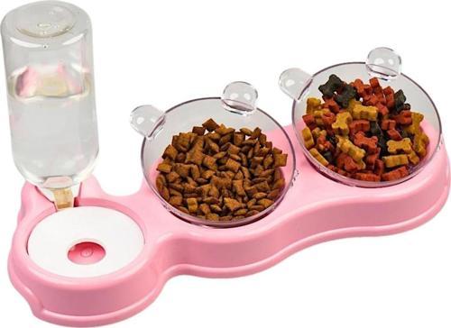 Çift Hazneli- 3' lü Beslenme Mama ve Su Kabı Pembe 500 ml 36*21*16 cm