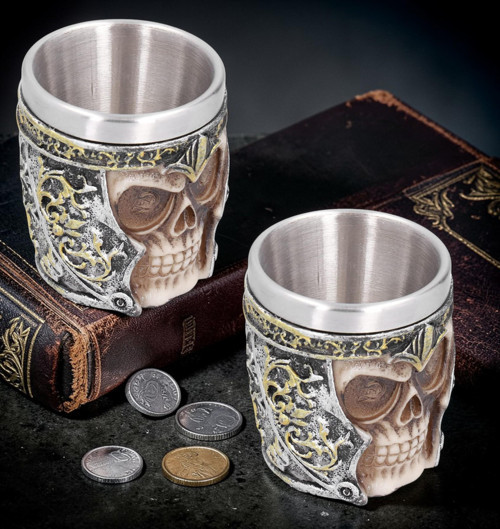 Gotik Viking Kurukafa İşlemeli Paslanmaz Çelik 2’li Premium Shot Bardağı Seti – 55 ml