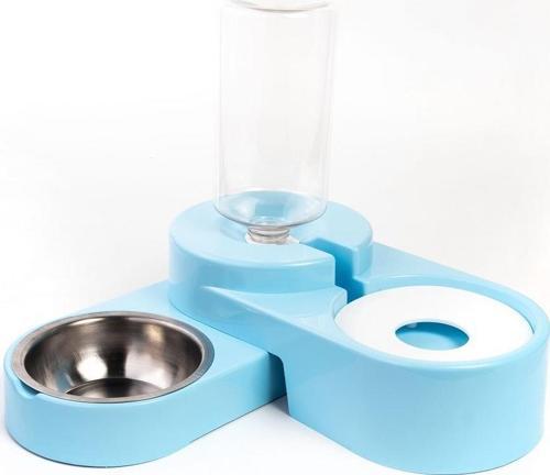 Köşeli Ayarlanabilir Hazneli Çelik Taslı Kedi-Köpek Mama Ve Su Kabı Seti 1000ml Turkuaz