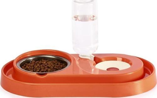 Çelik Taslı LÜX  Hazneli Kedi-Köpek Mama Ve Su Kabı Seti 500ml Turuncu
