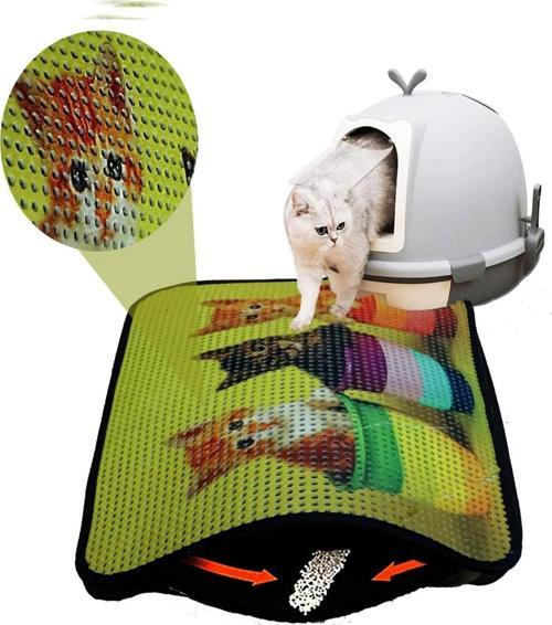 Elekli Desenli Kedi Tuvalet Önü Paspası 60 x 45 cm Sepette Üç Kedi