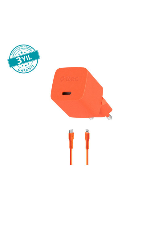 SmartCharger GAN 20W PD Seyahat Hızlı Şarj Aleti + USB-C - Lightning 120cm Kablo Neon Turuncu