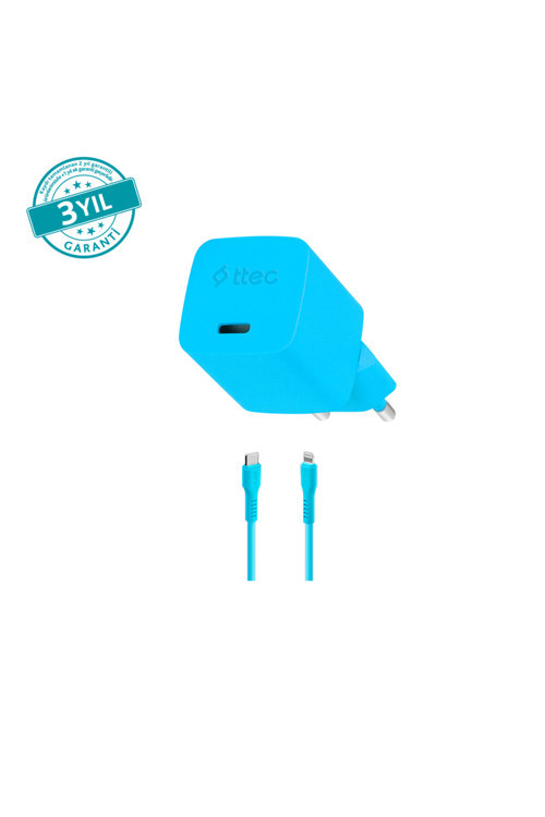 SmartCharger GAN 20W PD Seyahat Hızlı Şarj Aleti + USB-C - Lightning 120cm Kablo Neon Mavi