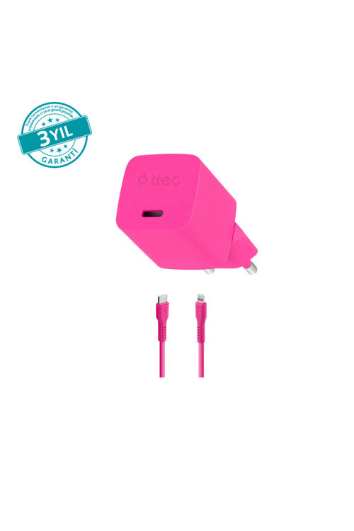 SmartCharger GAN 20W PD Seyahat Hızlı Şarj Aleti+USB-C-Lightning 120cm Kablo Neon Pembe