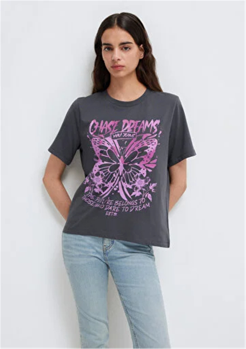 Mavı M1613720-83620 Grı Ince Cızgılı Kadın Regular Kelebek Baskılı T-Shırt